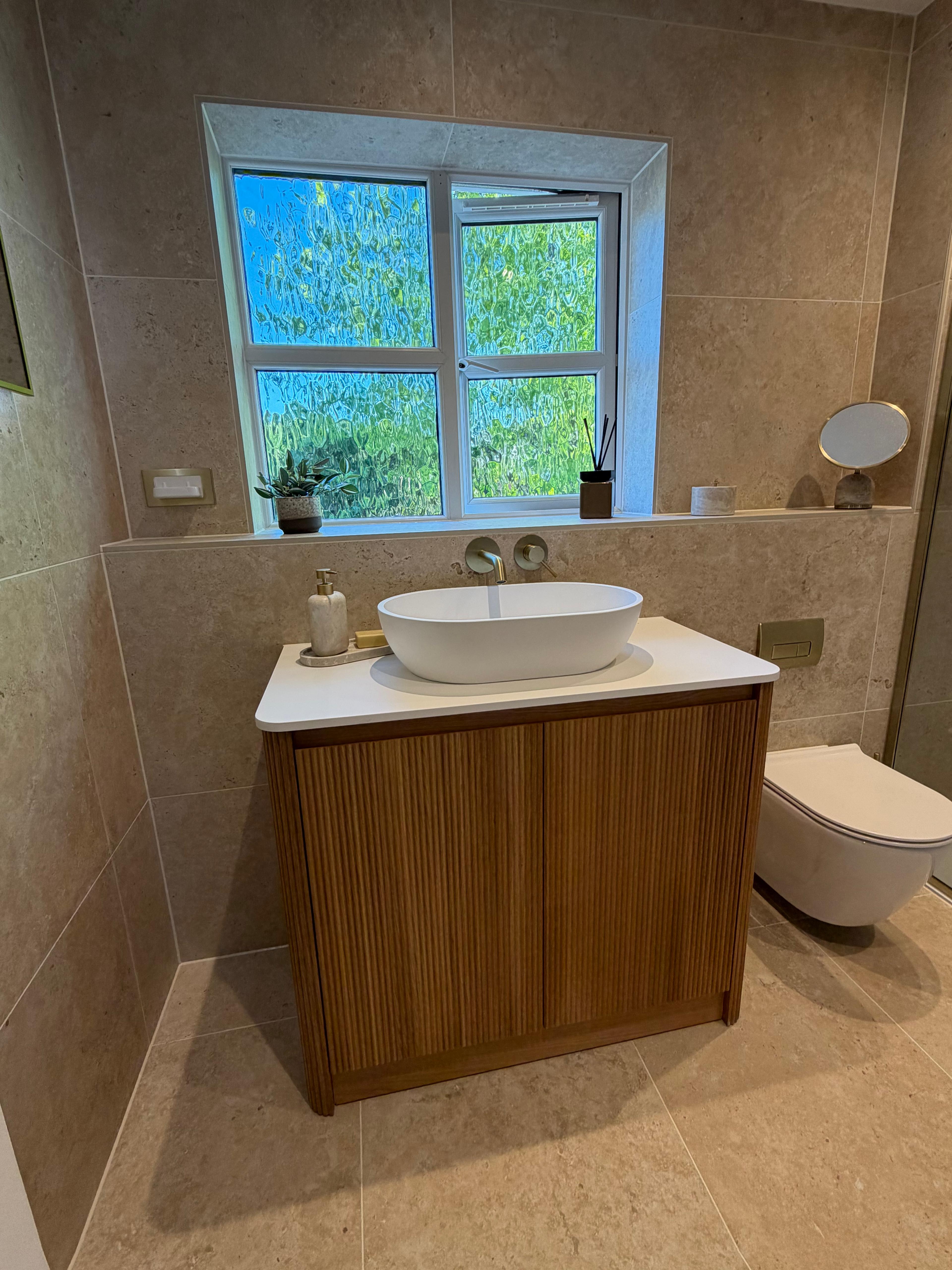 Fluted Oak Vanity Bathroom — completed by Chelmsford Plumbing Services Ltd