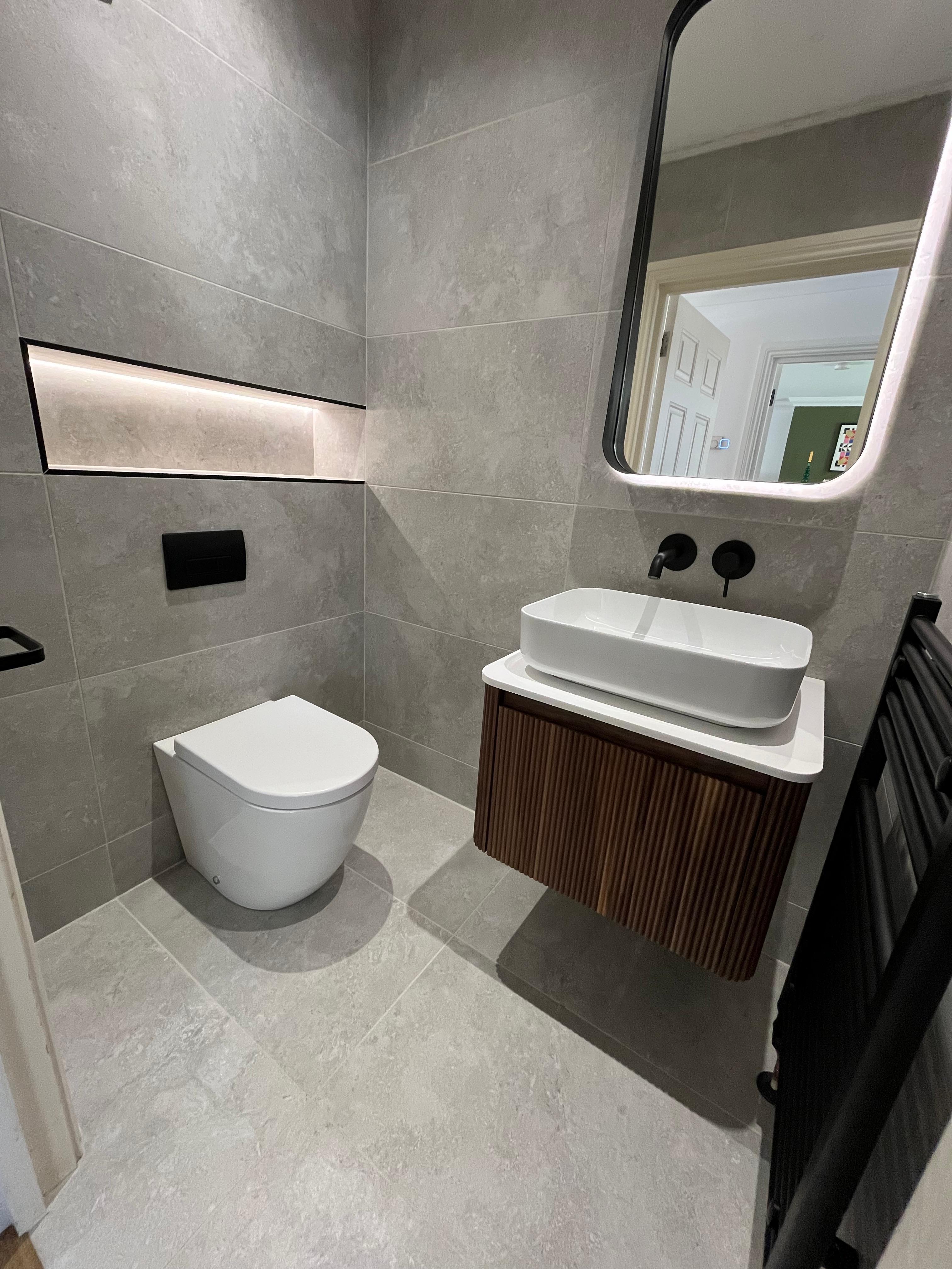 Designer Grey Cloakroom — completed by Chelmsford Plumbing Services Ltd