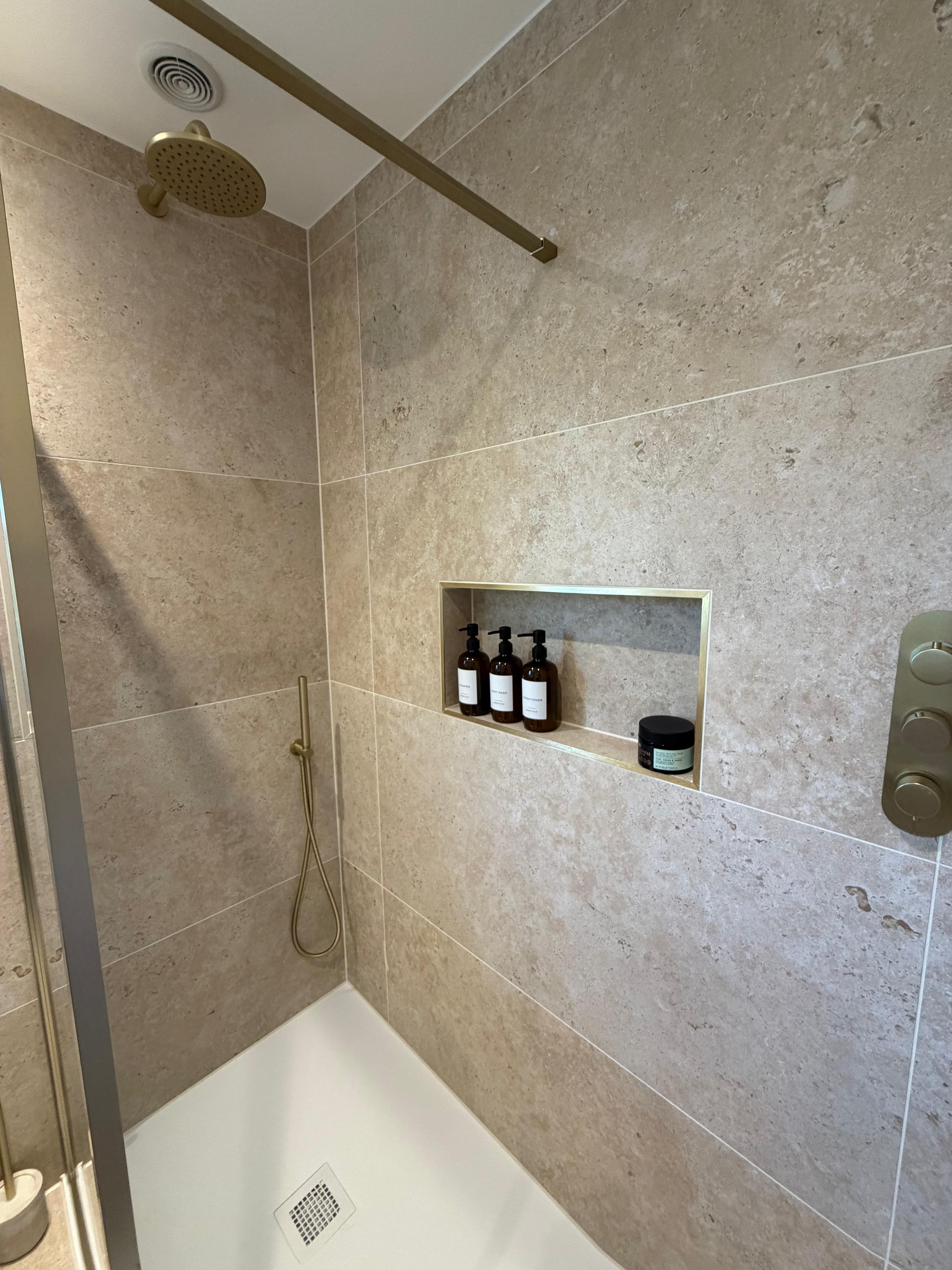 Travertine Walk-In Shower — completed by Chelmsford Plumbing Services Ltd